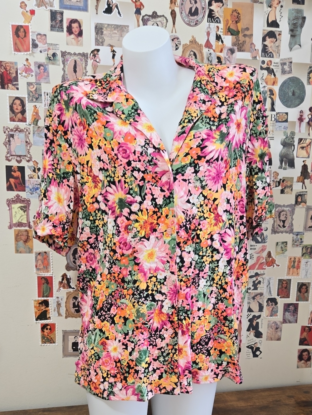 Bnt H&m Floral Button Up Blouse Pink Green Viscose S